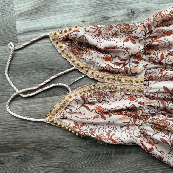 Y2K Miss Me Floral Boho Maxi Dress Small Halter Neck Beaded Lace Trim Cream Rust - Picture 2 of 5